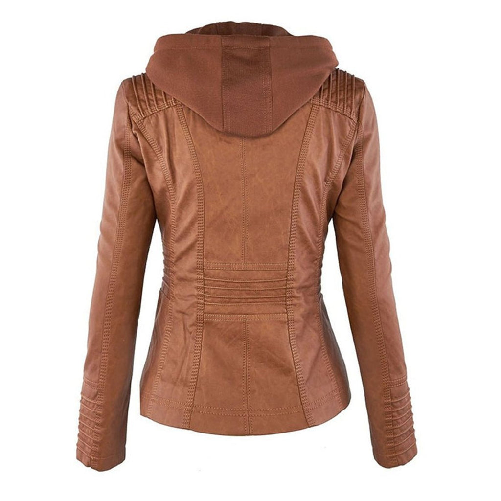 Charlotte - Women's Hooded Faux Leather Moto Coat Removable Hood