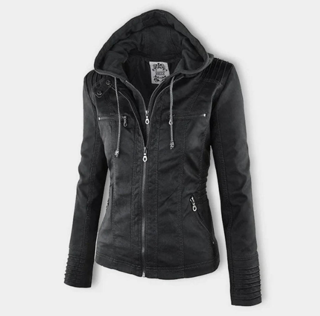 Victoria - Women's Hooded Faux Leather Moto Jacket Zip-Up
