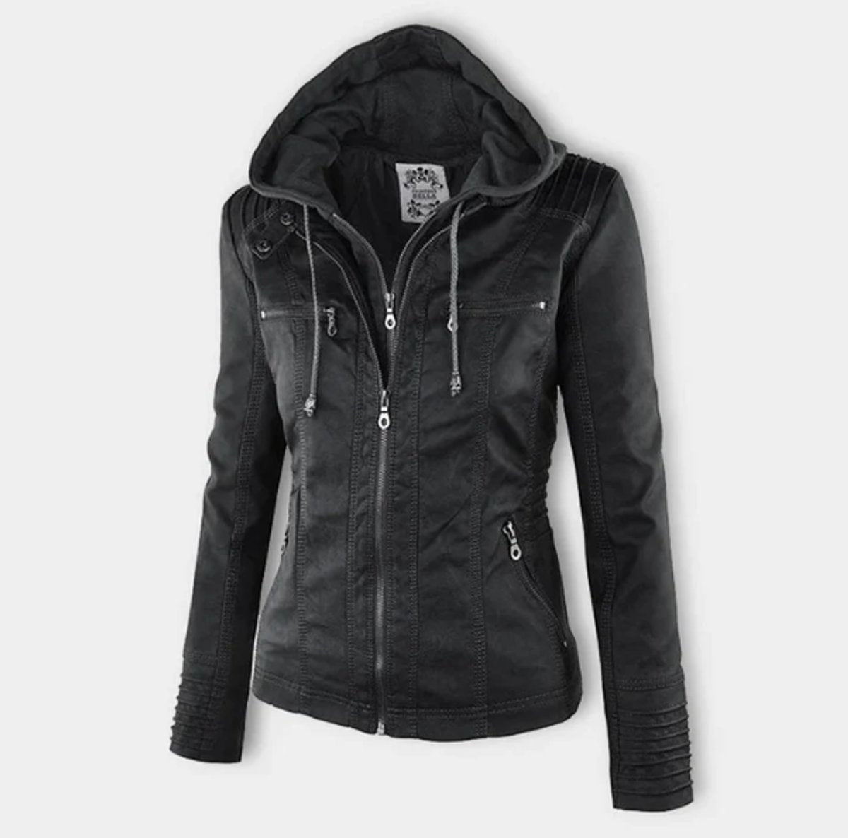 Victoria - Women's Hooded Faux Leather Moto Jacket Zip-Up
