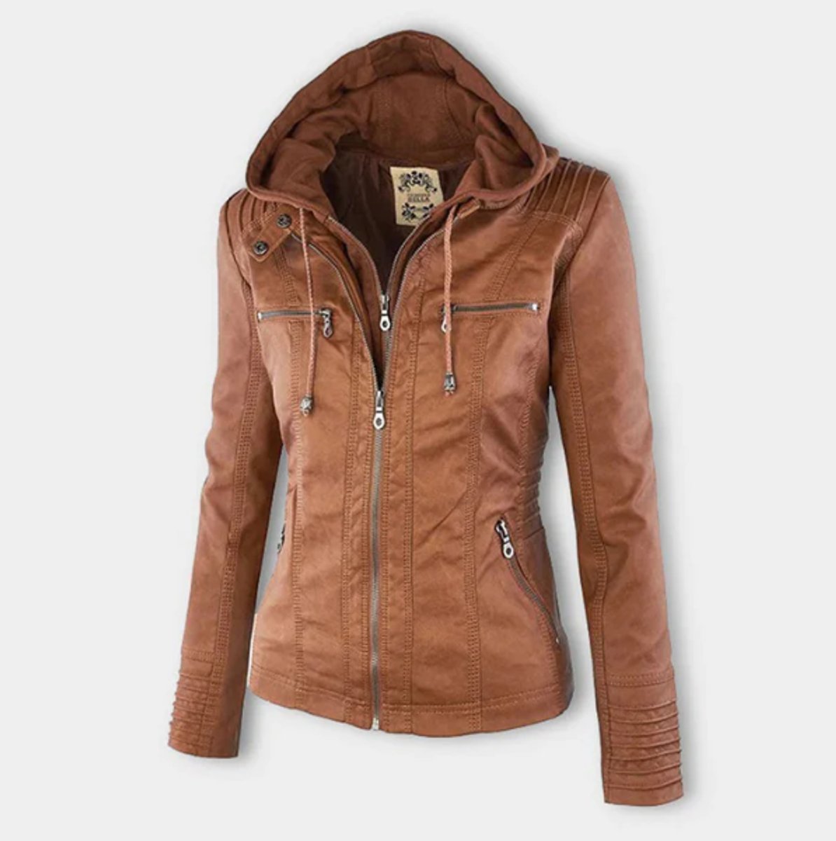 Victoria - Women's Hooded Faux Leather Moto Jacket Zip-Up