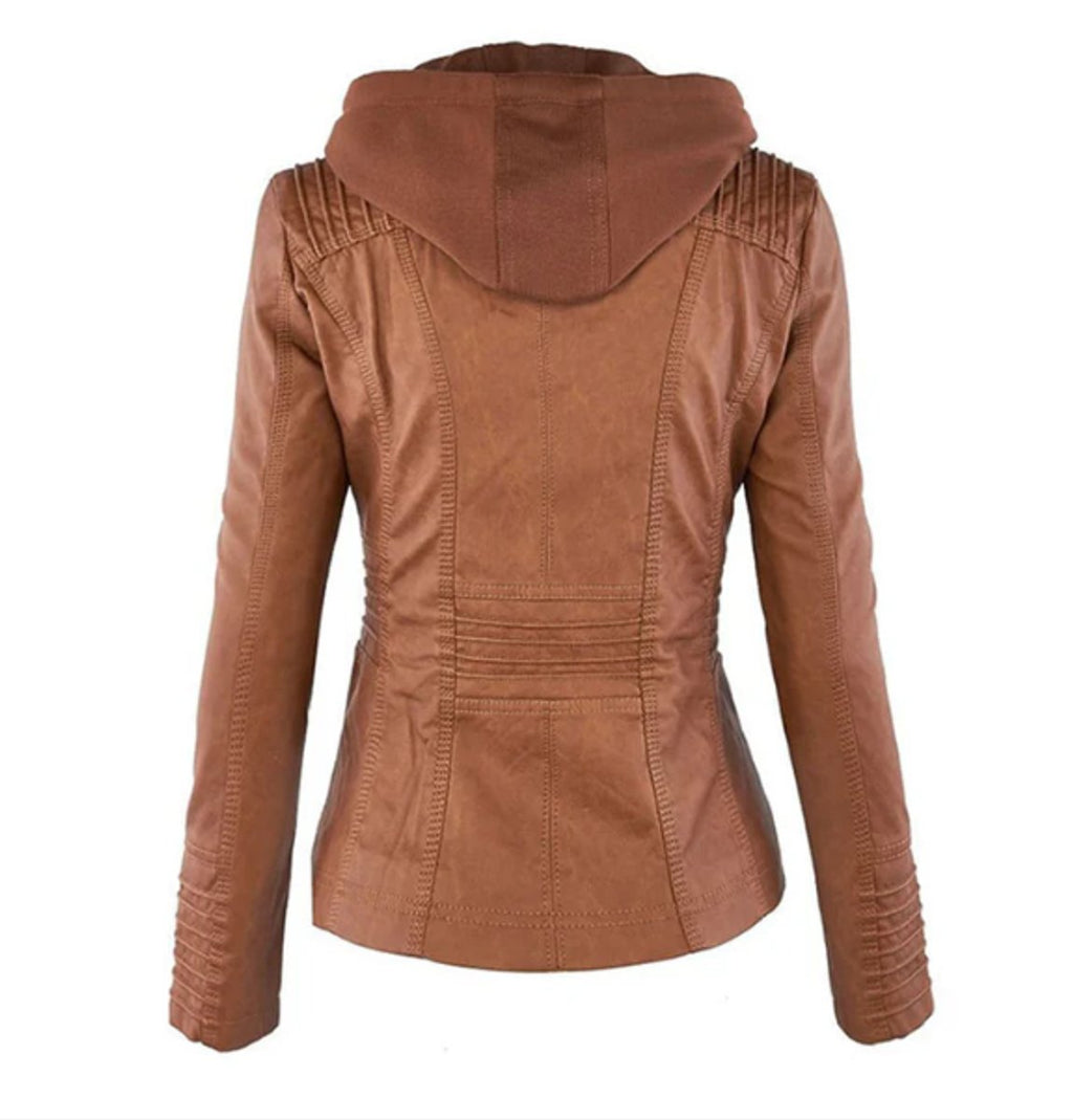 Victoria - Women's Hooded Faux Leather Moto Jacket Zip-Up