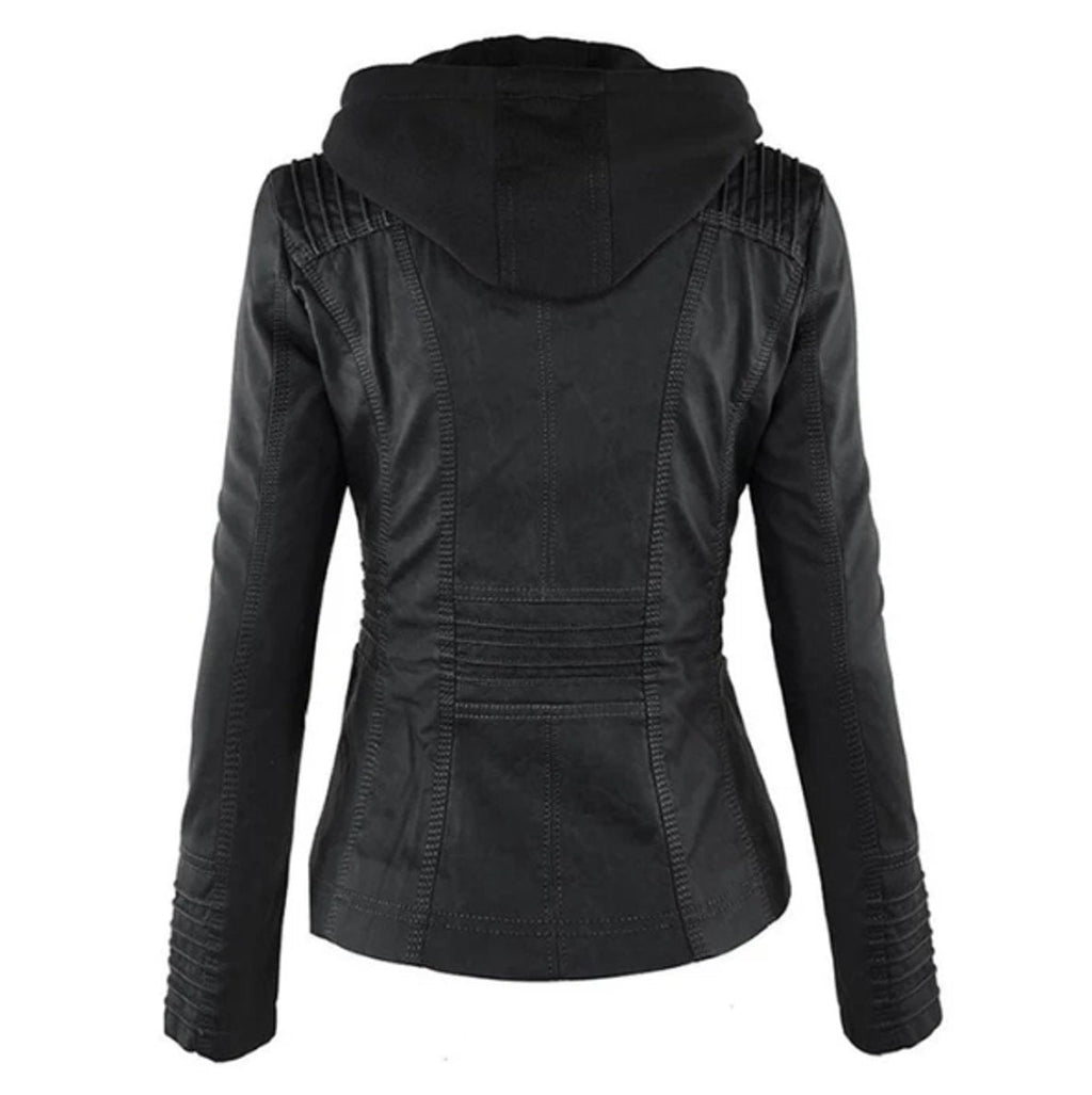 Victoria - Women's Hooded Faux Leather Moto Jacket Zip-Up