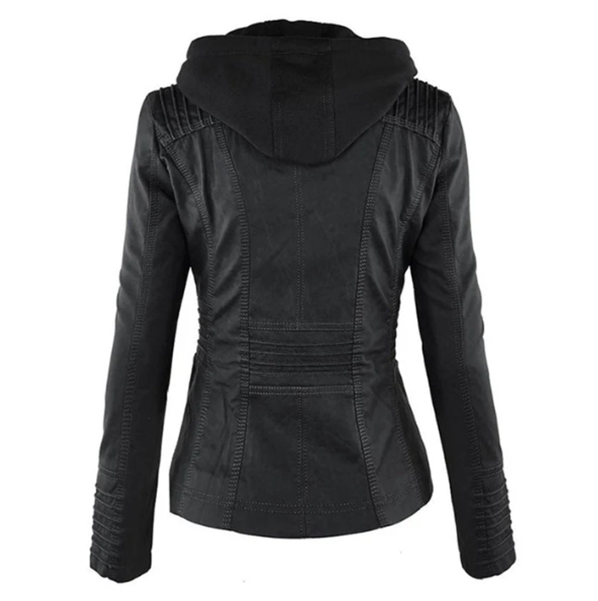 Victoria - Women's Hooded Faux Leather Moto Jacket Zip-Up