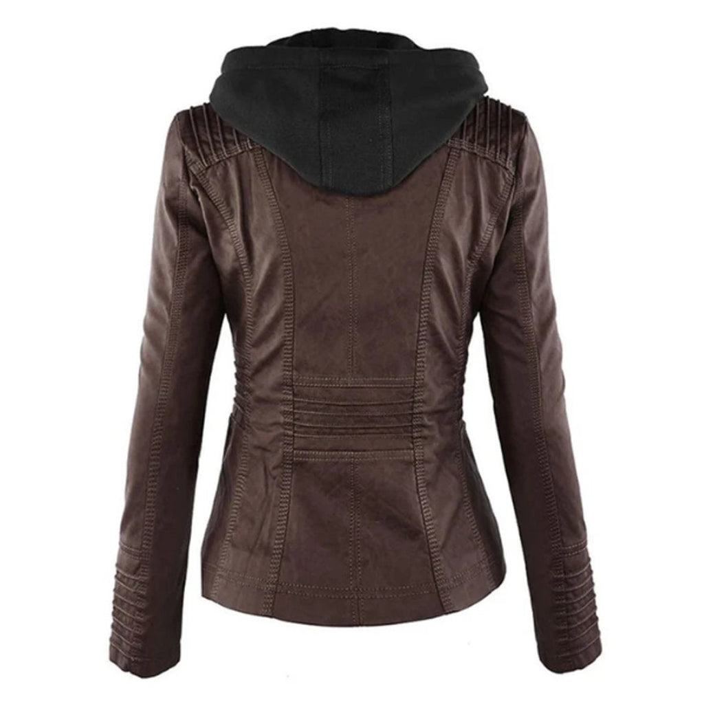 Victoria - Women's Hooded Faux Leather Moto Jacket Zip-Up