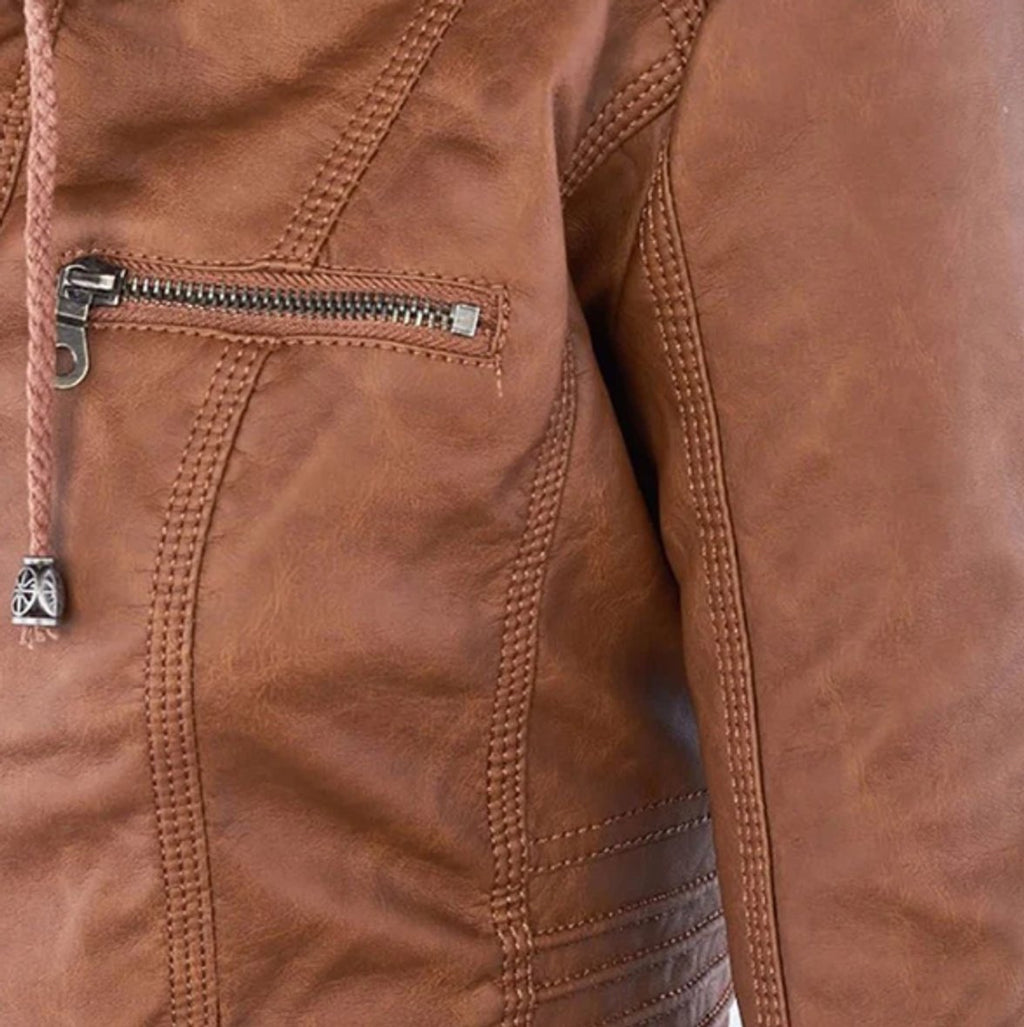 Victoria - Women's Hooded Faux Leather Moto Jacket Zip-Up