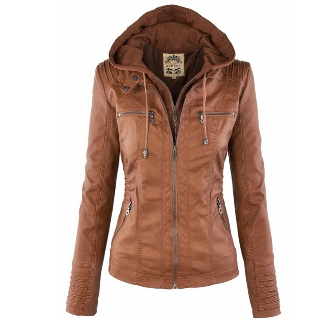 Amelia - Women's Hooded Moto Faux Leather Jacket Removable Hood