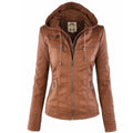 Amelia - Women's Hooded Moto Faux Leather Jacket Removable Hood