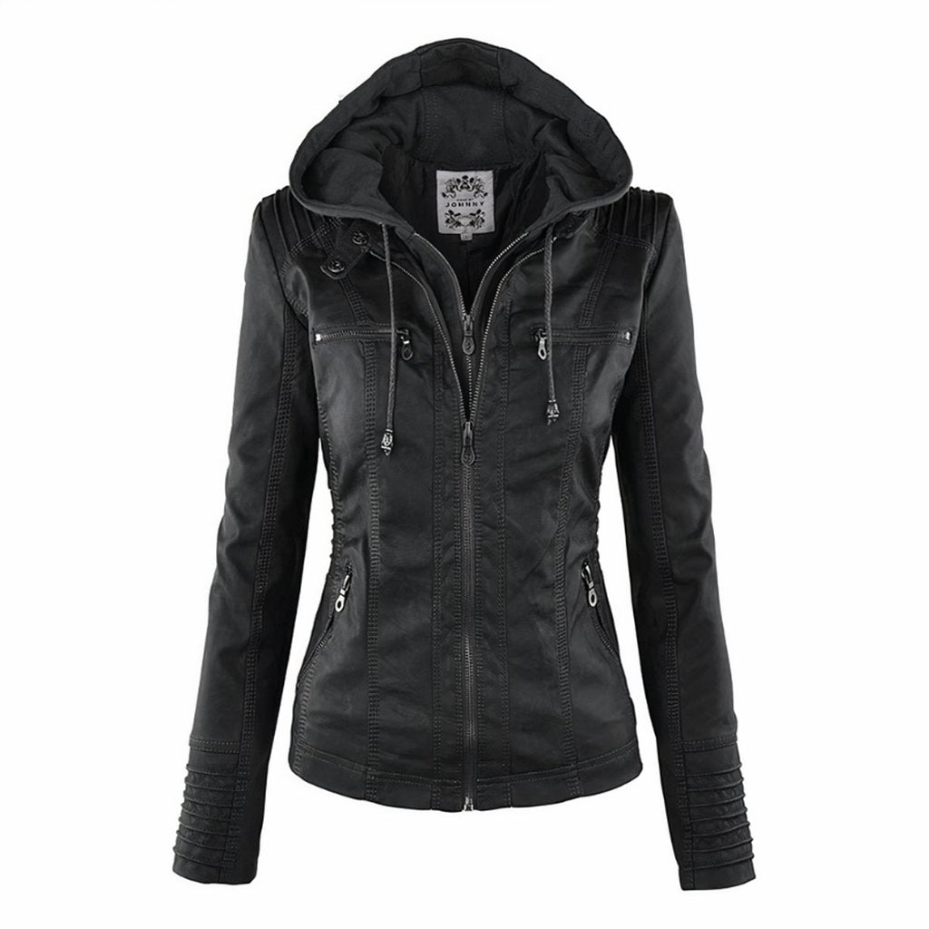 Amelia - Women's Hooded Moto Faux Leather Jacket Removable Hood