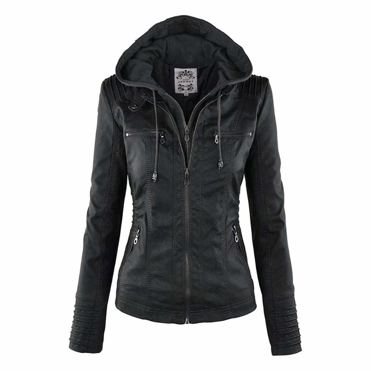 Amelia - Women's Hooded Moto Faux Leather Jacket Removable Hood