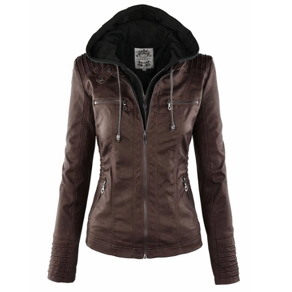 Amelia - Women's Hooded Moto Faux Leather Jacket Removable Hood