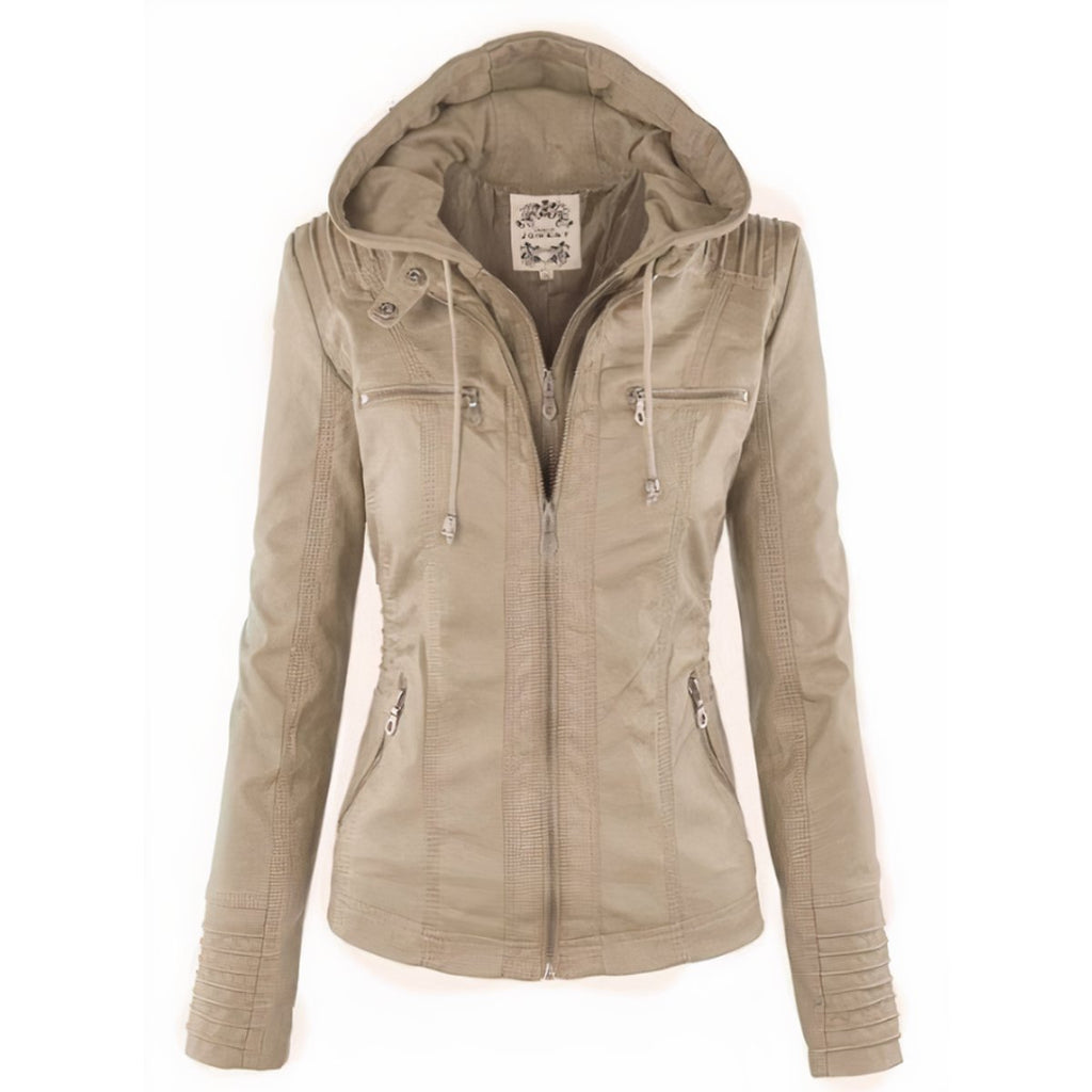 Amelia - Women's Hooded Moto Faux Leather Jacket Removable Hood
