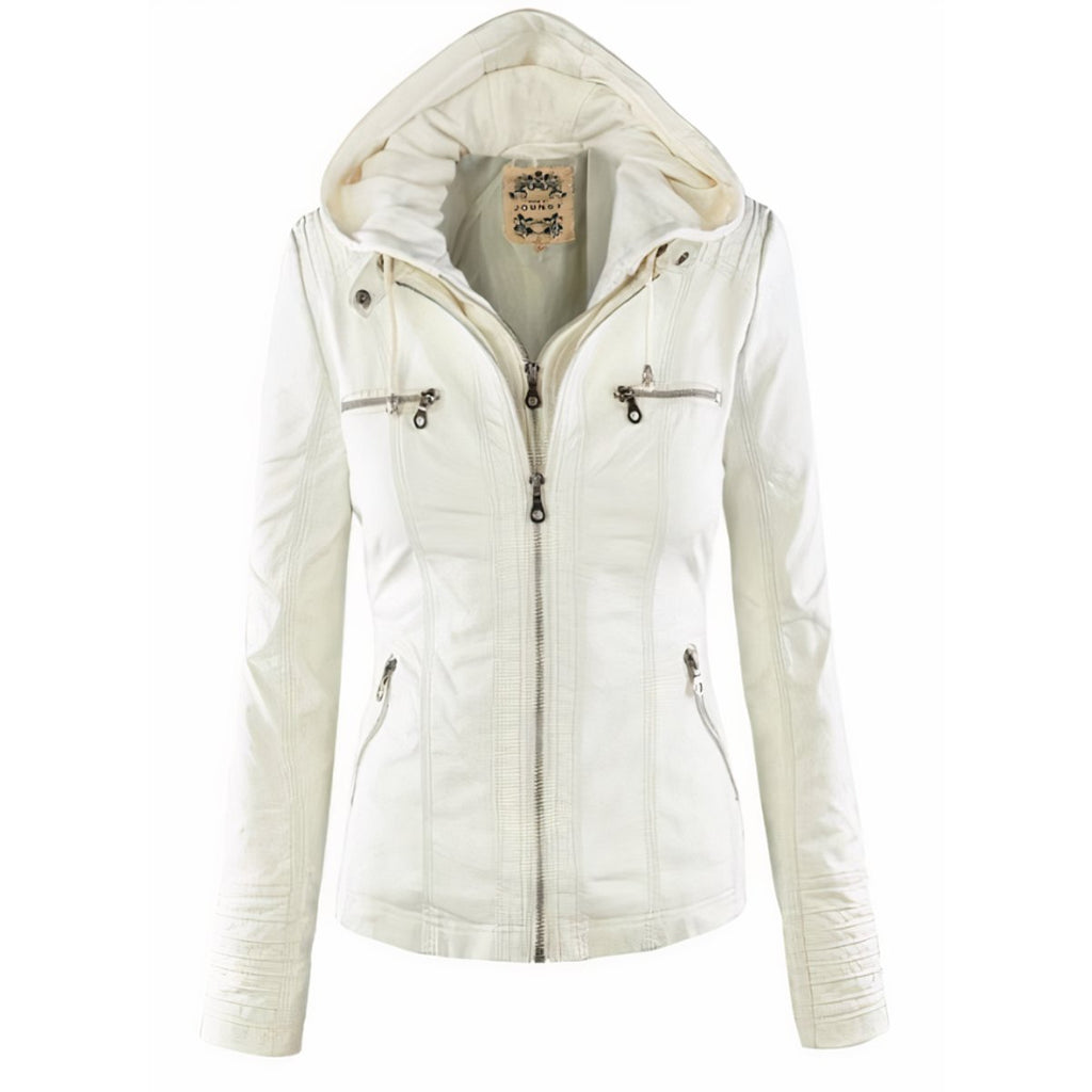 Amelia - Women's Hooded Moto Faux Leather Jacket Removable Hood