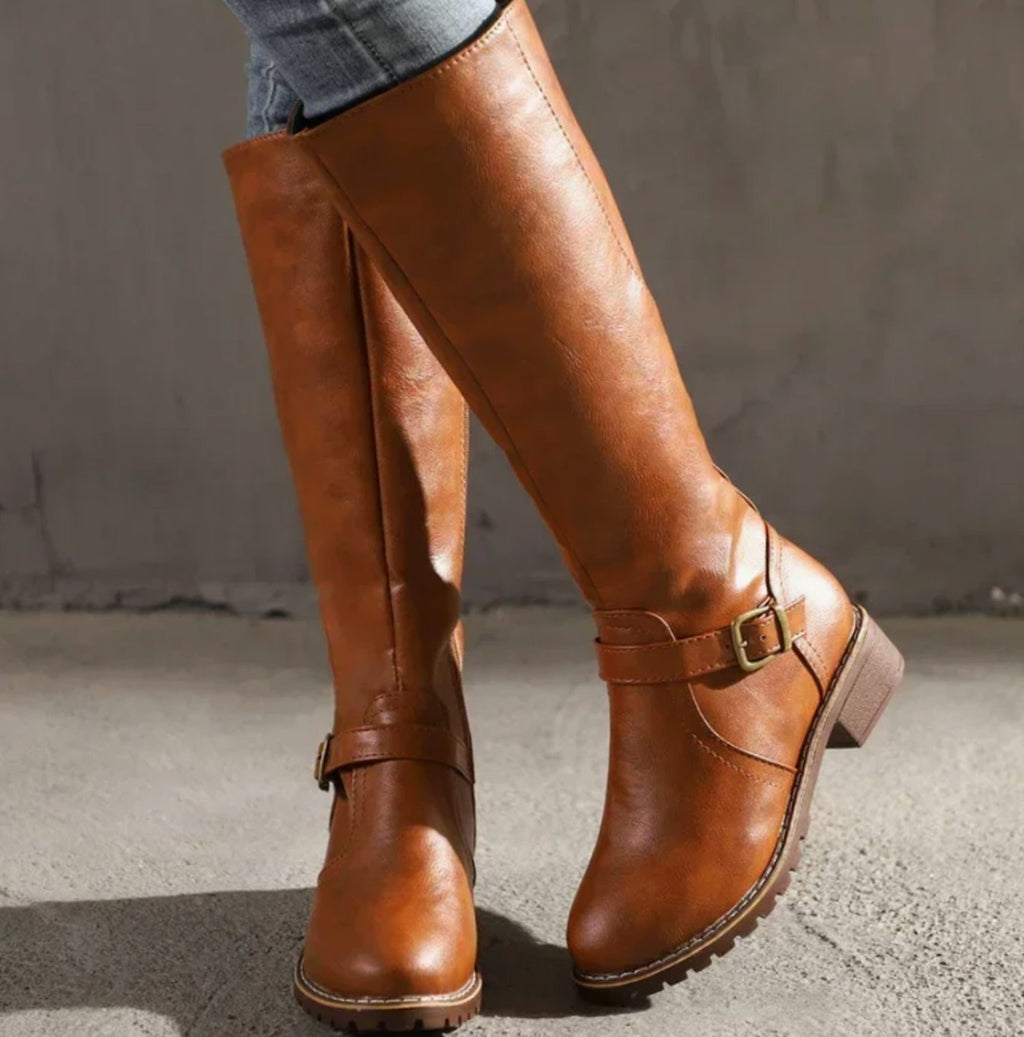 Layla - Women's Knee-High Buckle-Strap Block-Heel Leather Boots
