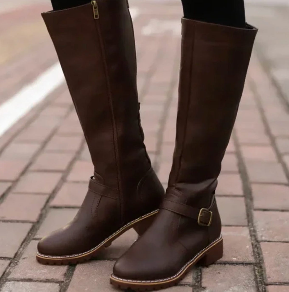 Layla - Women's Knee-High Buckle-Strap Block-Heel Leather Boots
