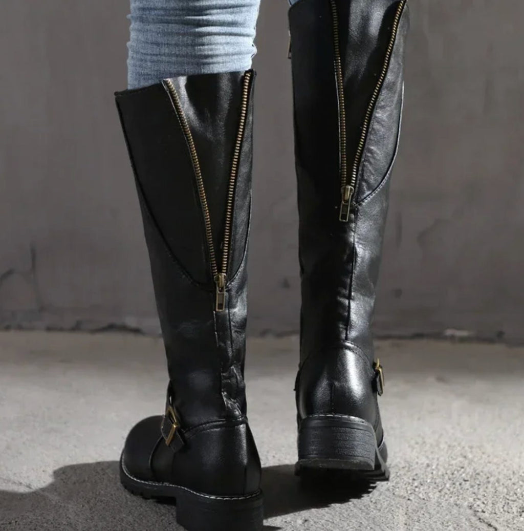 Layla - Women's Knee-High Buckle-Strap Block-Heel Leather Boots