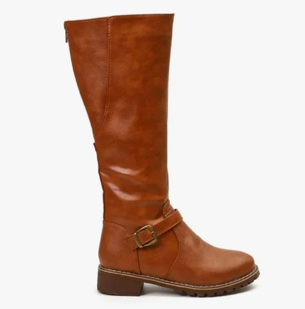 Layla - Women's Knee-High Buckle-Strap Block-Heel Leather Boots