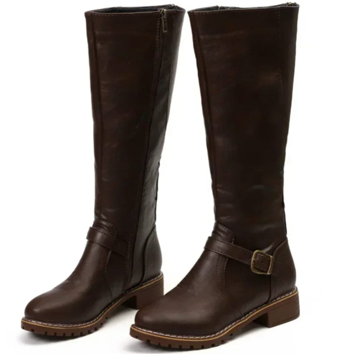 Layla - Women's Knee-High Buckle-Strap Block-Heel Leather Boots