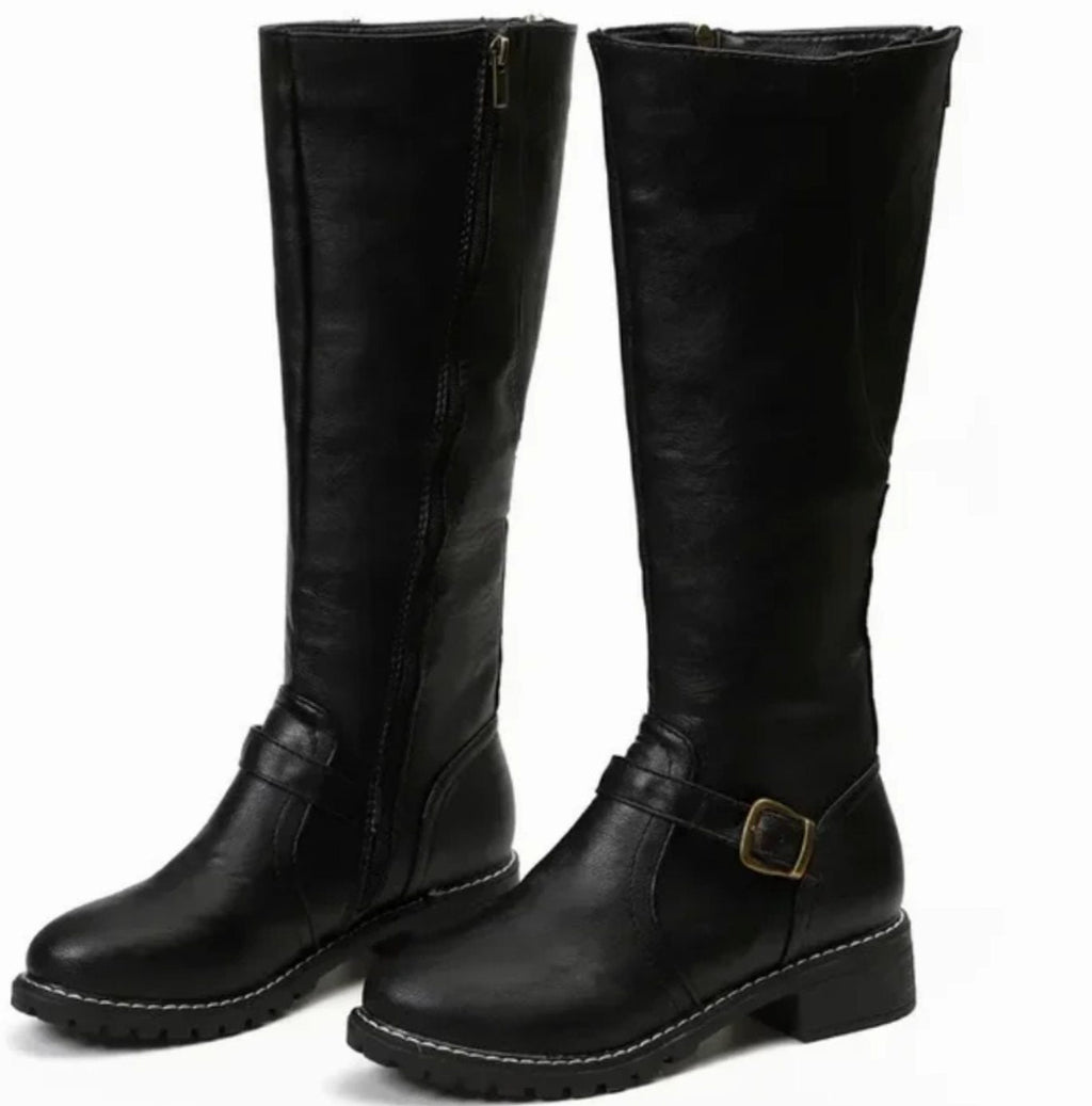 Layla - Women's Knee-High Buckle-Strap Block-Heel Leather Boots