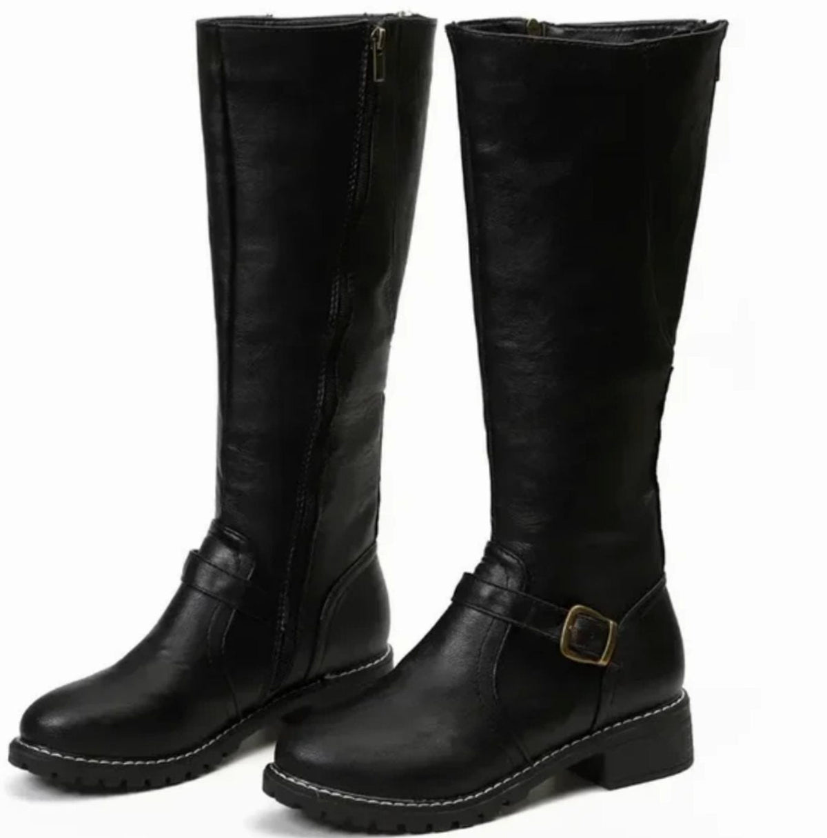 Layla - Women's Knee-High Buckle-Strap Block-Heel Leather Boots