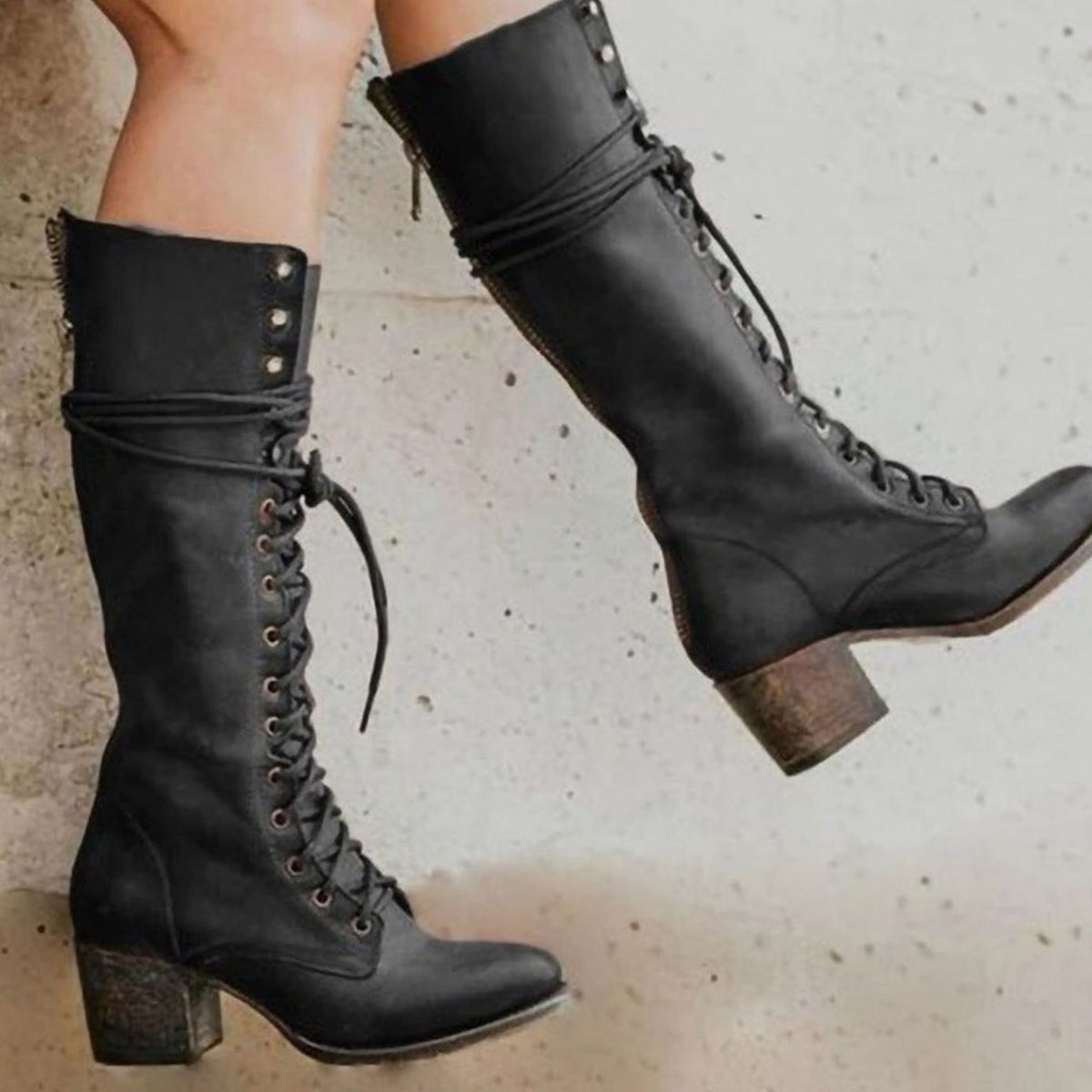 Isabella - Women's Lace-Up Block Heel Knee-High Boots