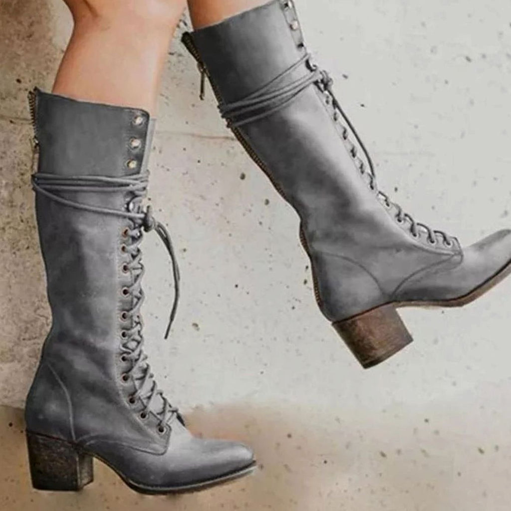 Isabella - Women's Lace-Up Block Heel Knee-High Boots