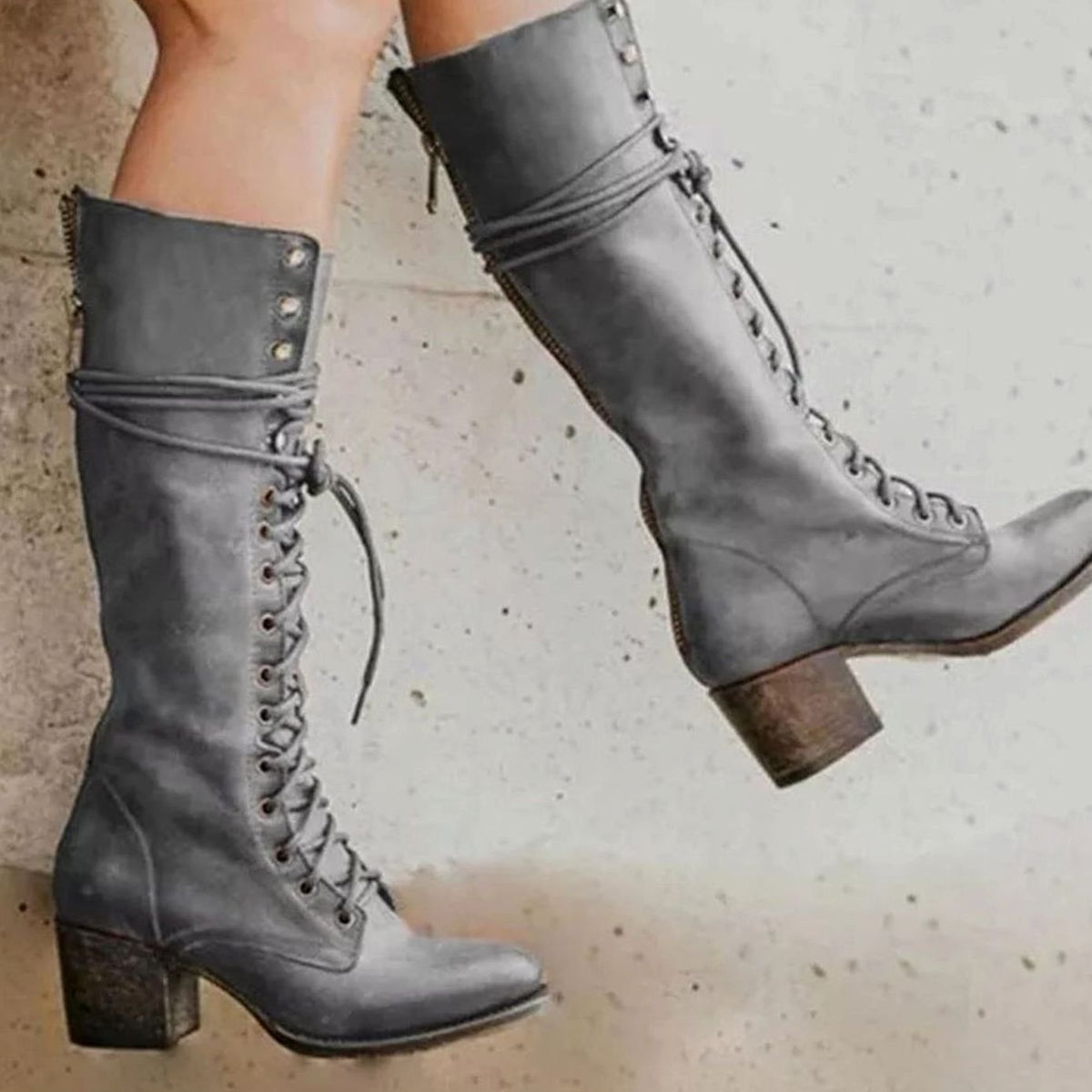 Isabella - Women's Lace-Up Block Heel Knee-High Boots