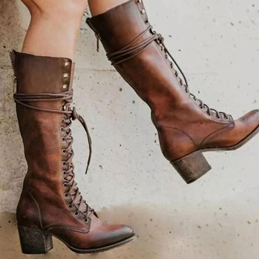 Isabella - Women's Lace-Up Block Heel Knee-High Boots