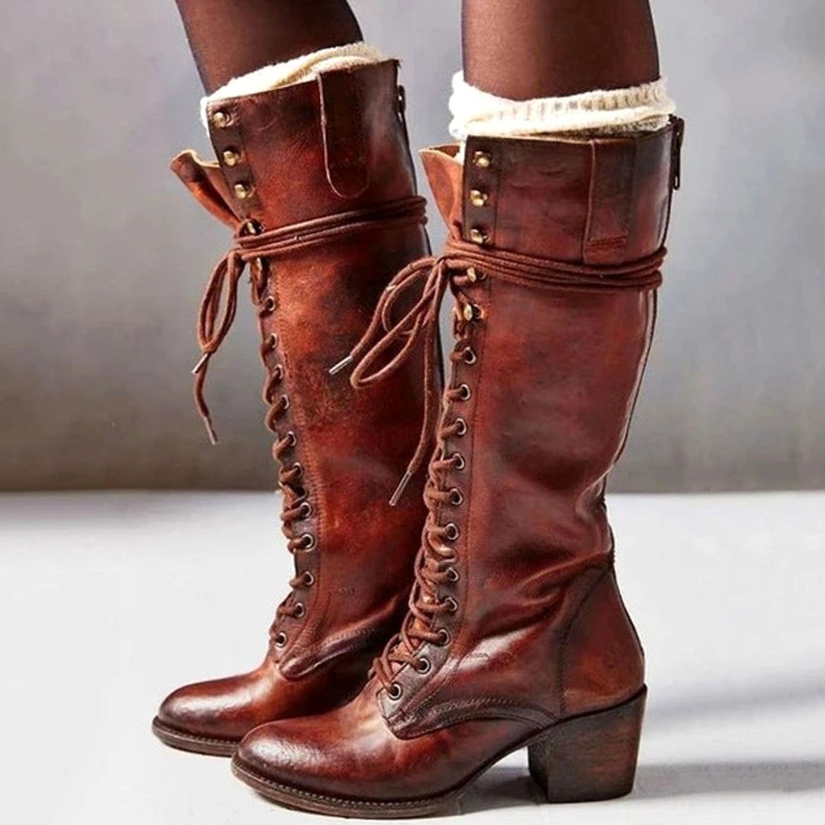 Isabella - Women's Lace-Up Block Heel Knee-High Boots