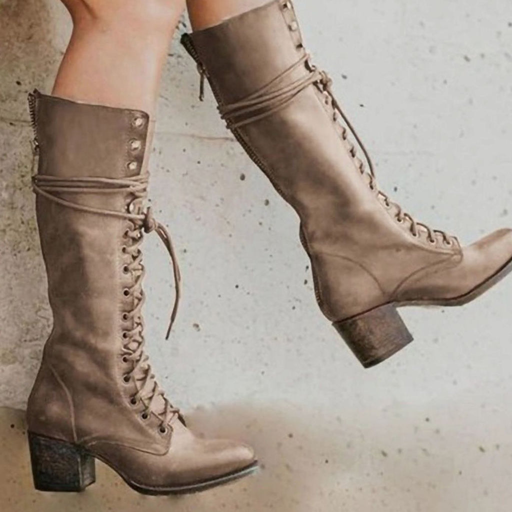 Isabella - Women's Lace-Up Block Heel Knee-High Boots