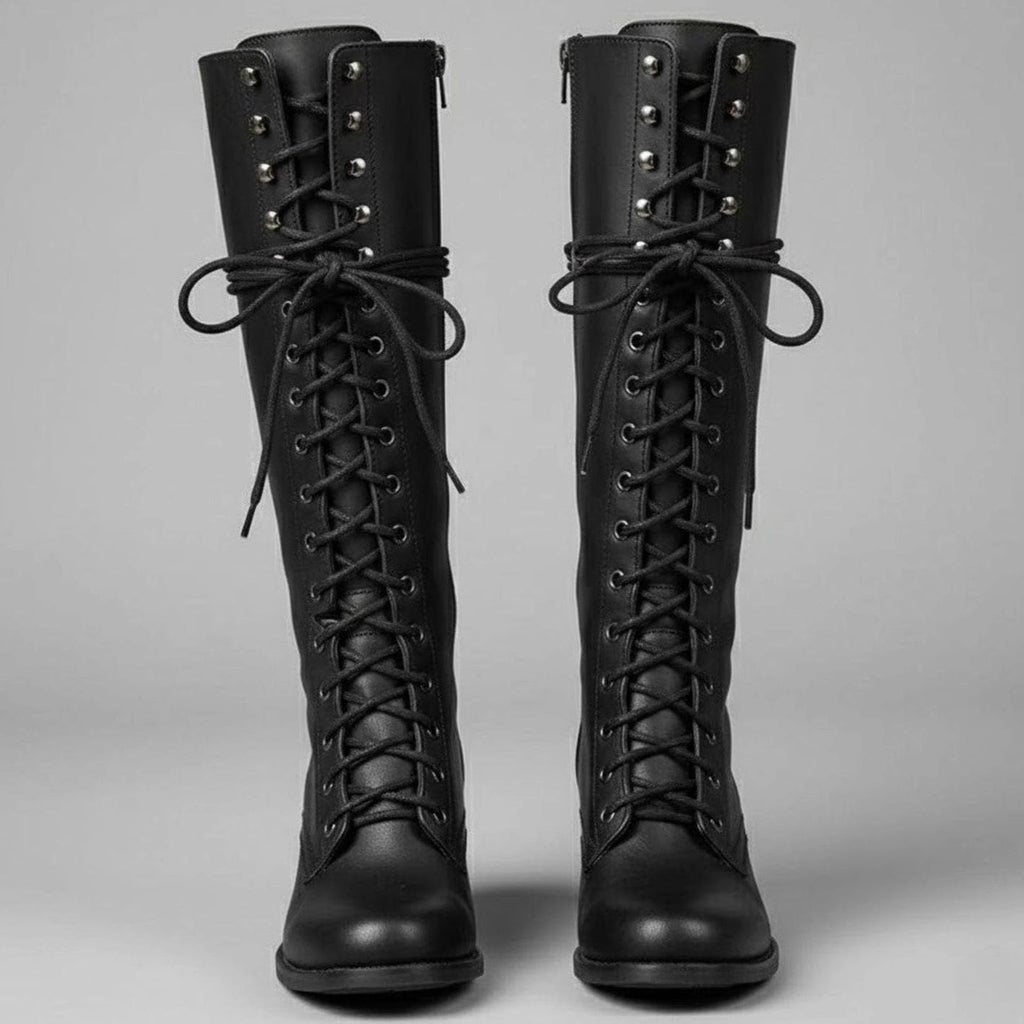Layla - Women's Lace-Up Block Heel Studded Knee-High Boots