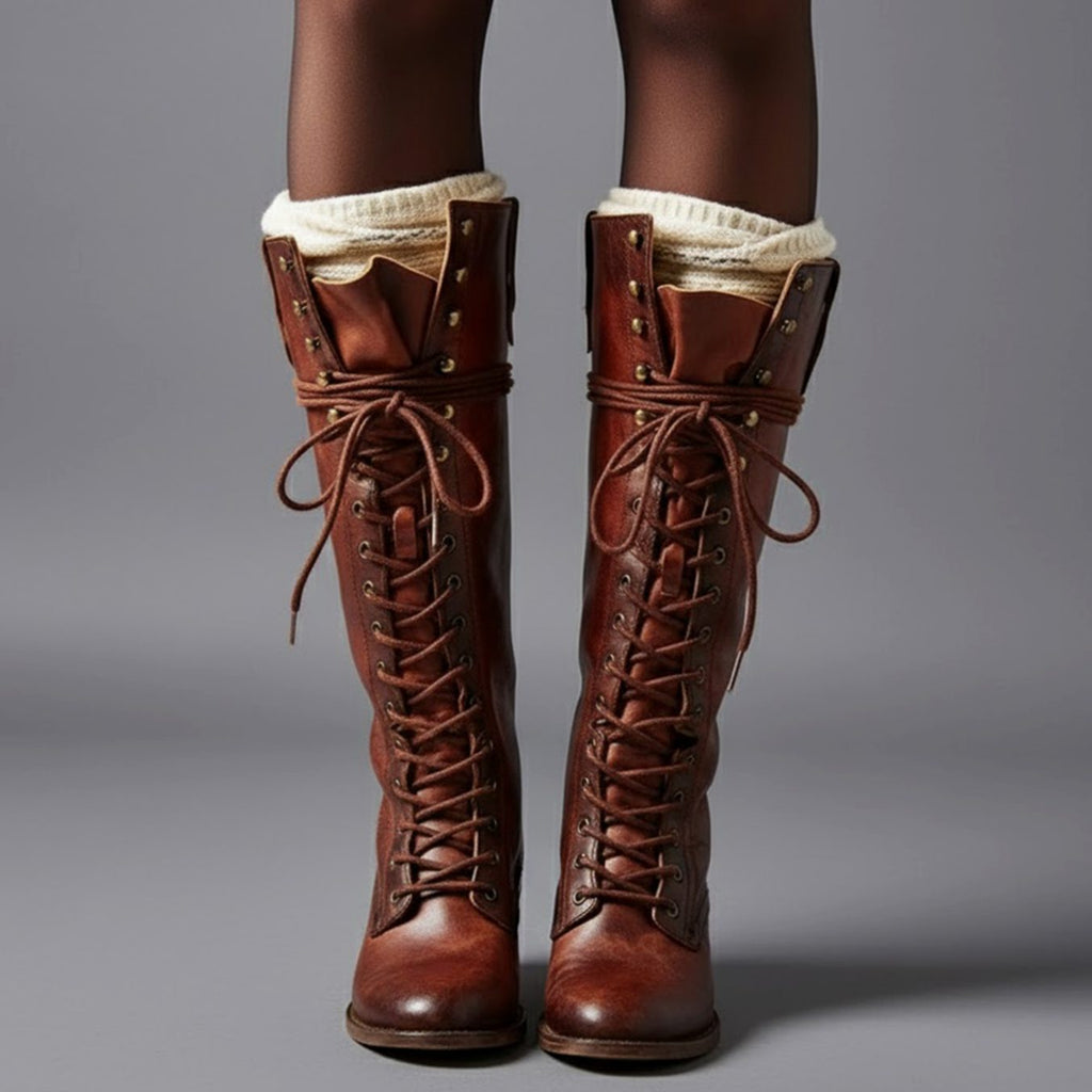Layla - Women's Lace-Up Block Heel Studded Knee-High Boots