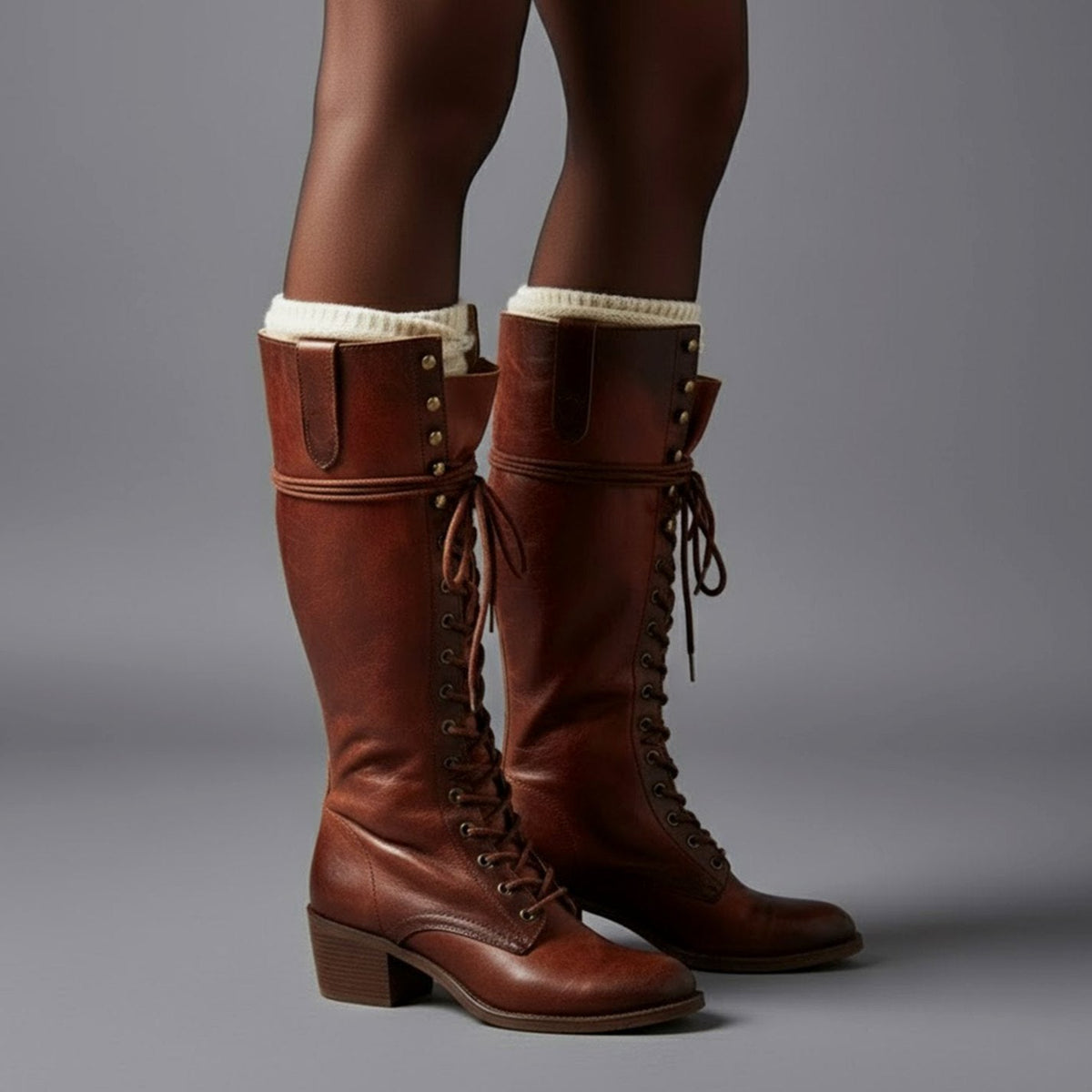 Layla - Women's Lace-Up Block Heel Studded Knee-High Boots