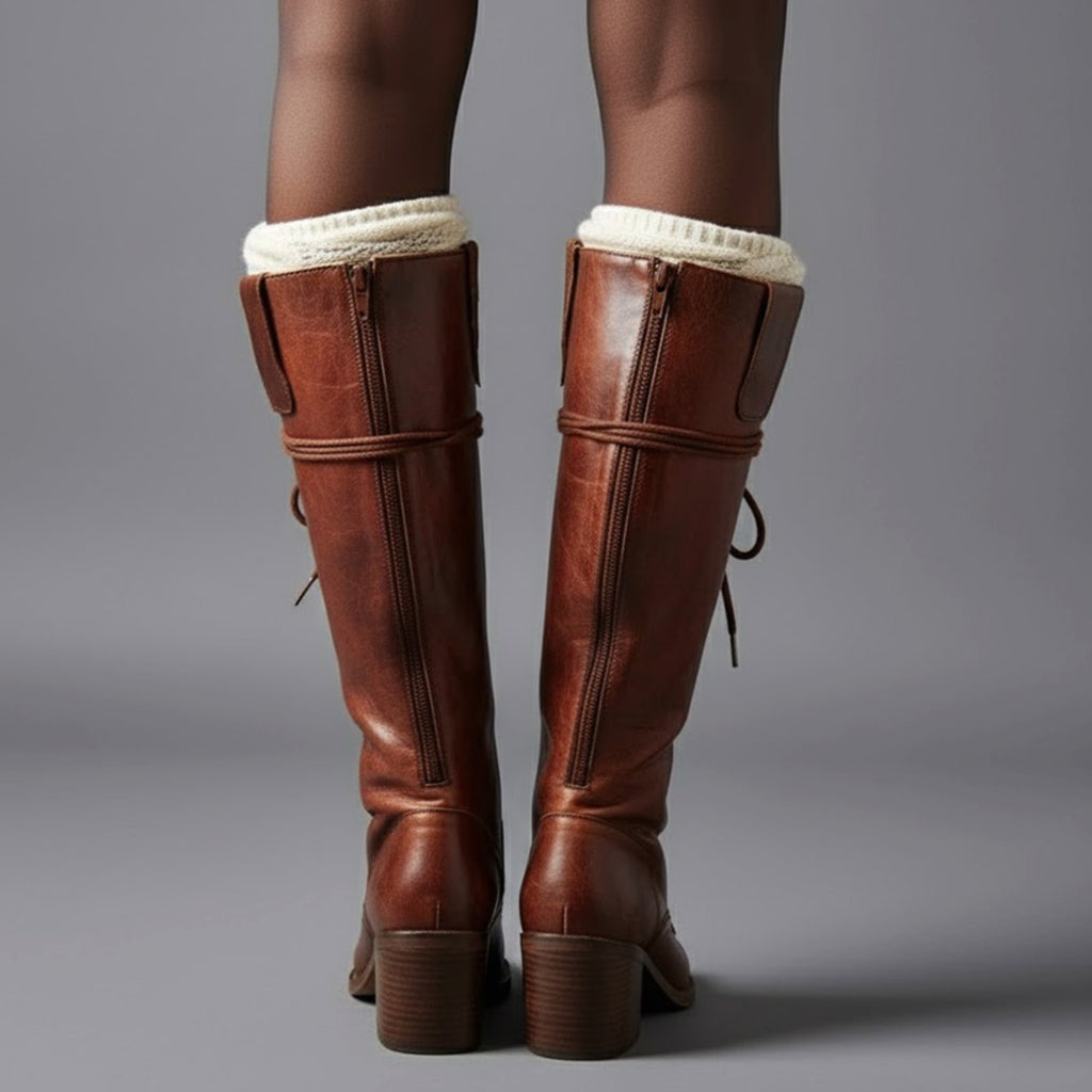 Layla - Women's Lace-Up Block Heel Studded Knee-High Boots