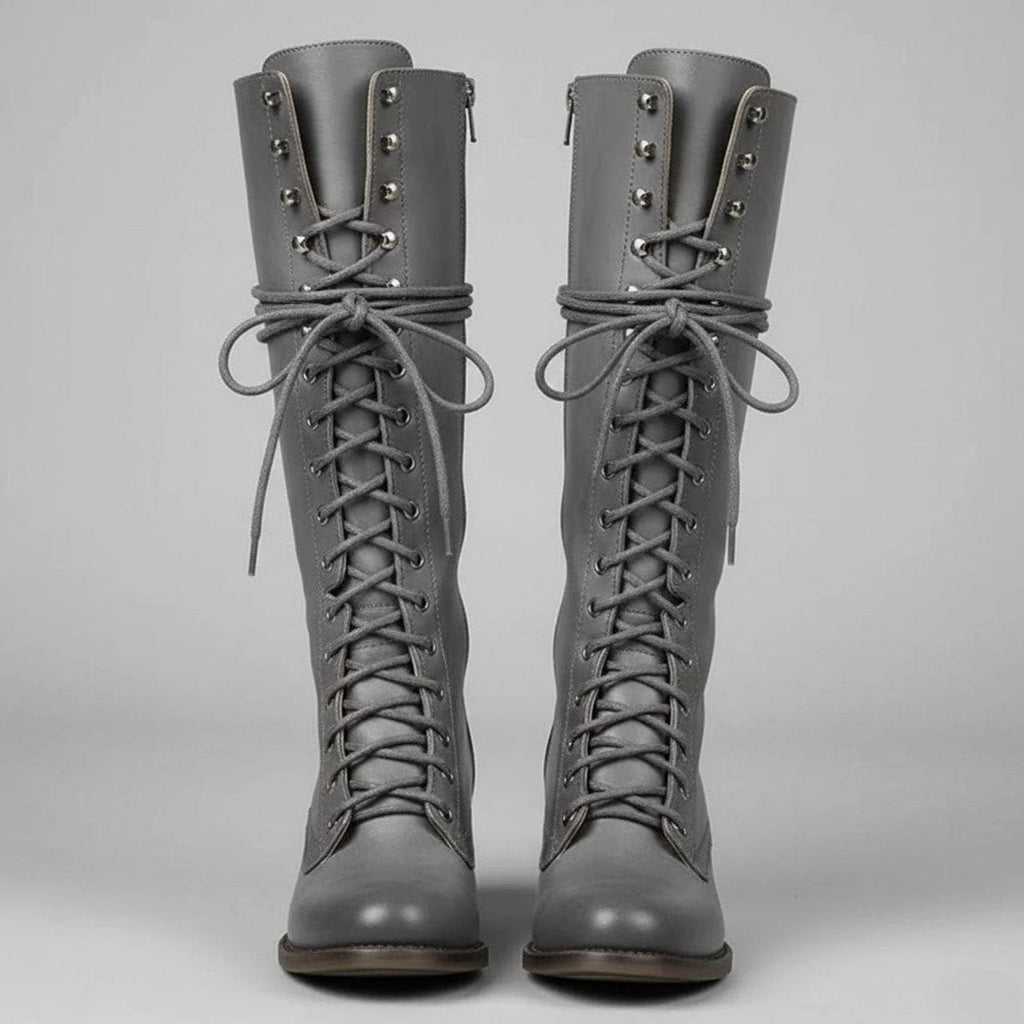 Layla - Women's Lace-Up Block Heel Studded Knee-High Boots