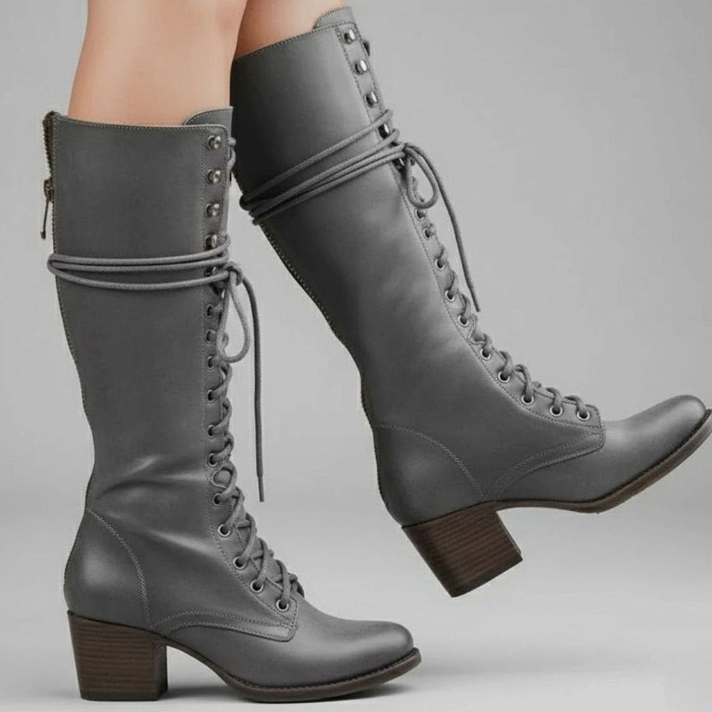 Layla - Women's Lace-Up Block Heel Studded Knee-High Boots