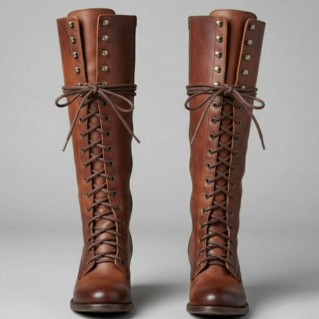 Layla - Women's Lace-Up Block Heel Studded Knee-High Boots