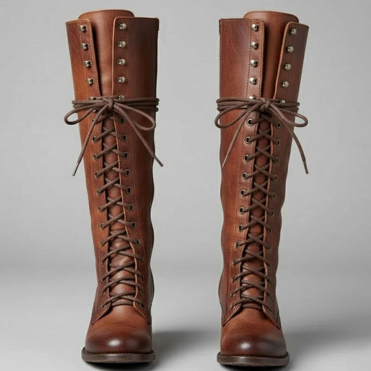 Layla - Women's Lace-Up Block Heel Studded Knee-High Boots