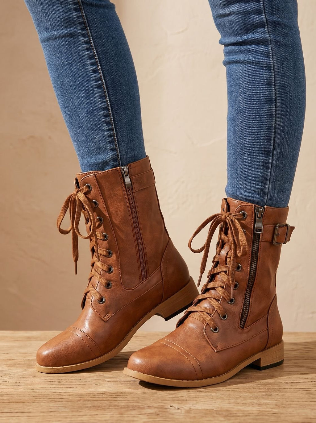 Mia - Women's Lace-Up Combat Boots Buckle Side-Zip Round-Toe