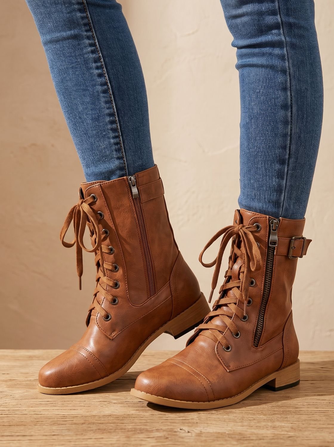 Mia - Women's Lace-Up Combat Boots Buckle Side-Zip Round-Toe