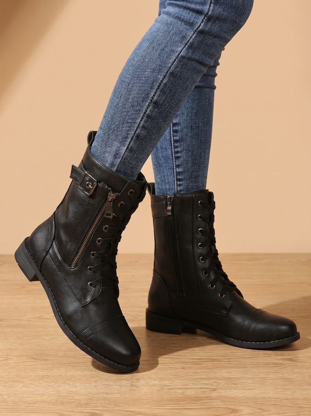 Mia - Women's Lace-Up Combat Boots Buckle Side-Zip Round-Toe