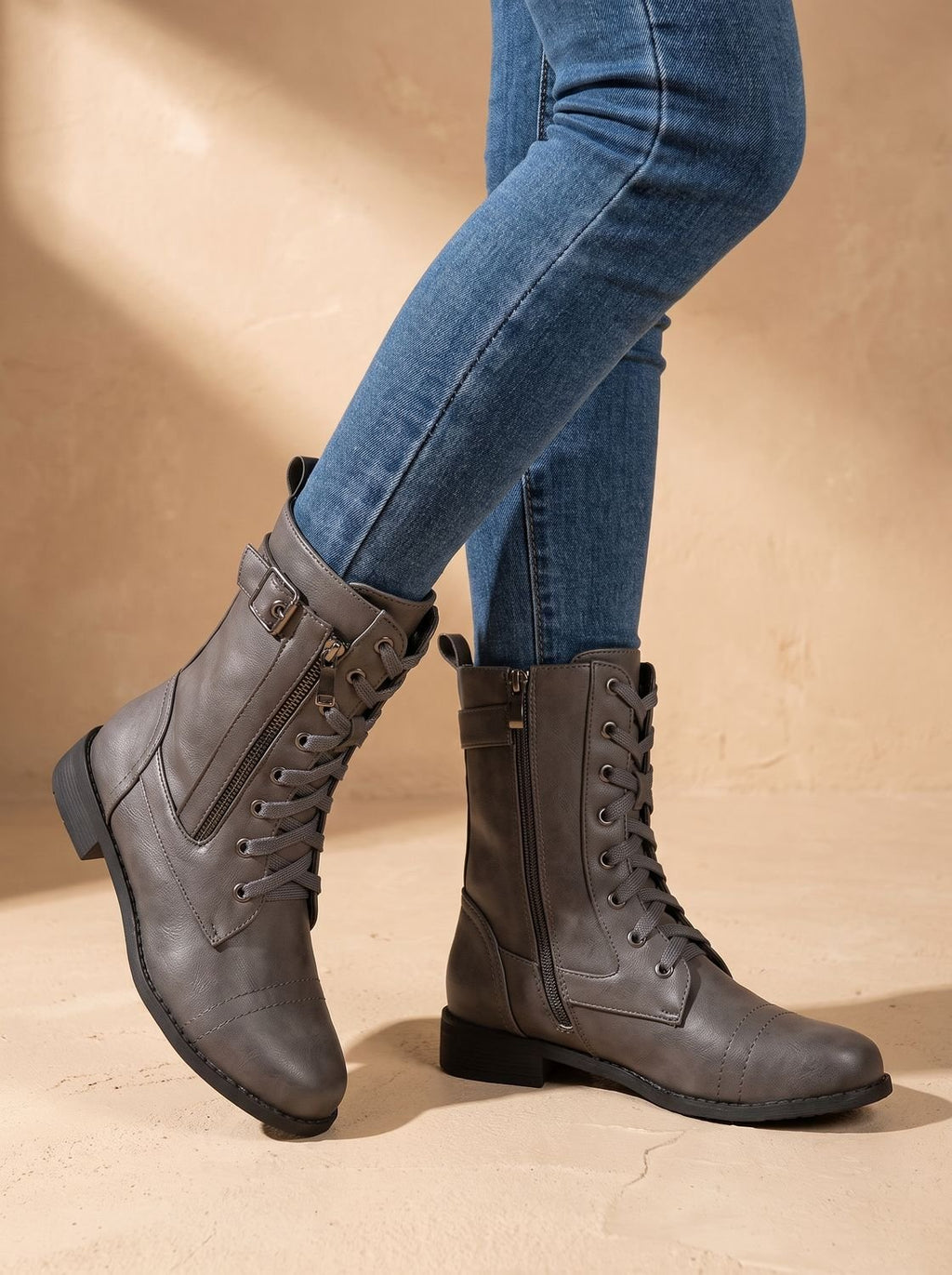 Mia - Women's Lace-Up Combat Boots Buckle Side-Zip Round-Toe