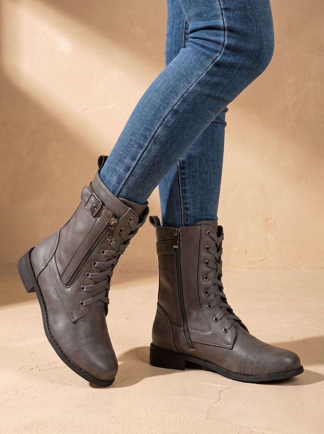 Mia - Women's Lace-Up Combat Boots Buckle Side-Zip Round-Toe