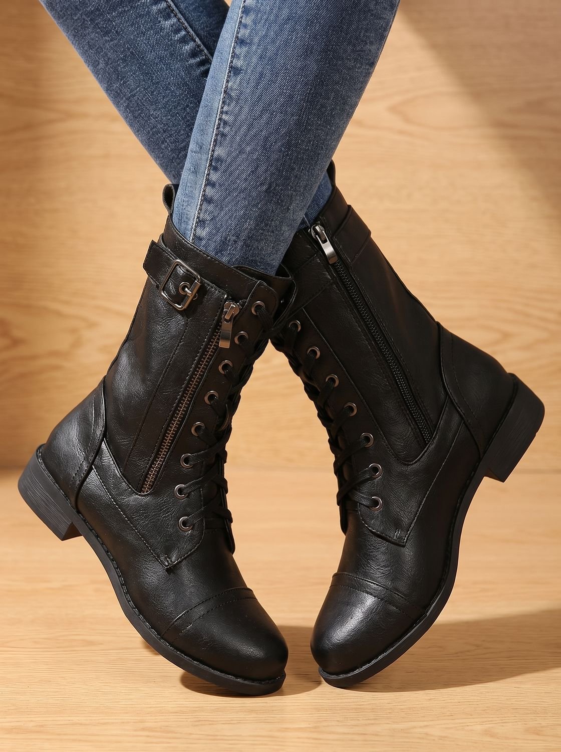 Mia - Women's Lace-Up Combat Boots Buckle Side-Zip Round-Toe