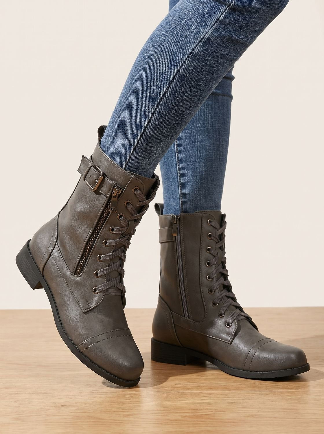 Mia - Women's Lace-Up Combat Boots Buckle Side-Zip Round-Toe