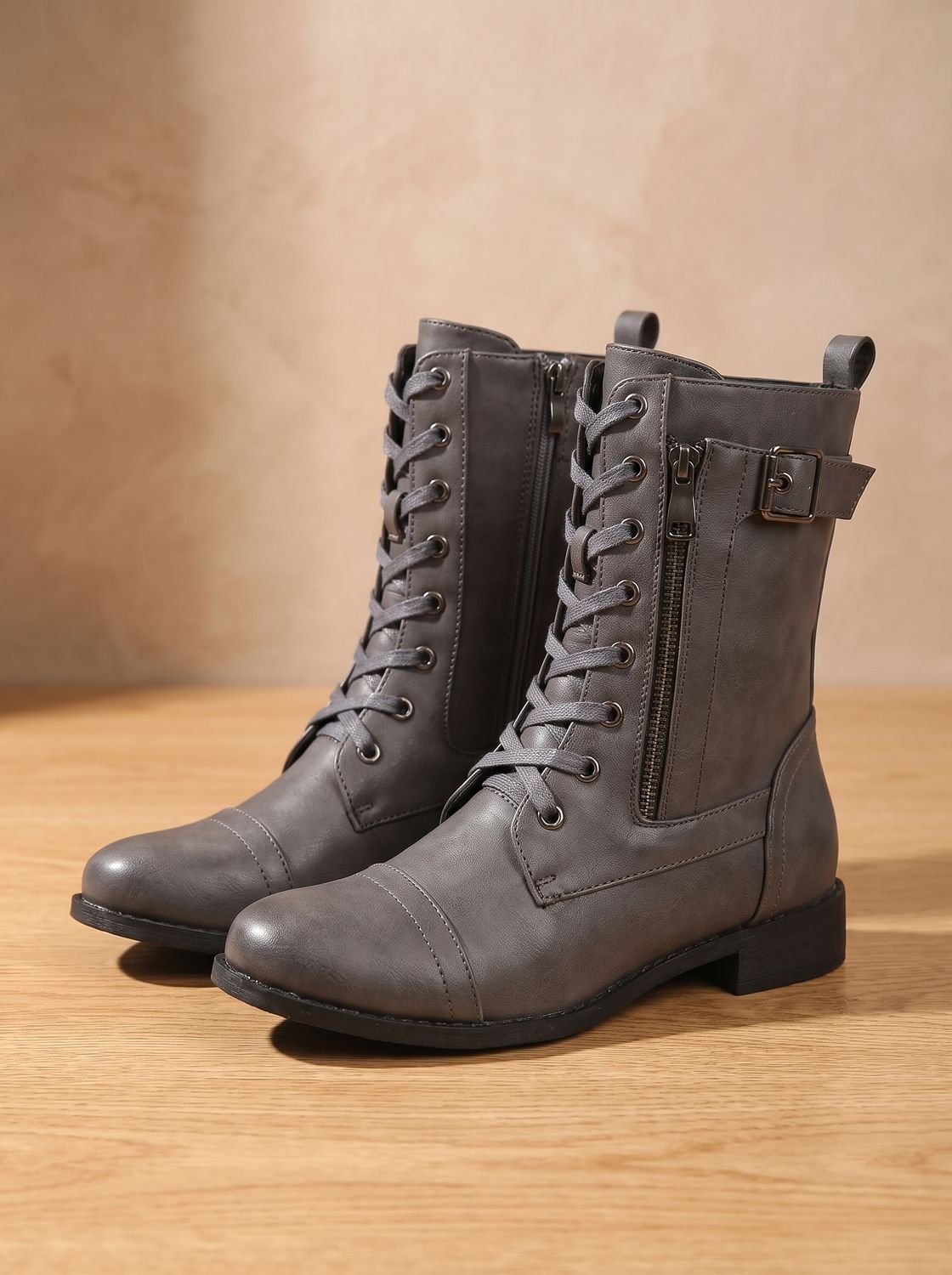 Mia - Women's Lace-Up Combat Boots Buckle Side-Zip Round-Toe