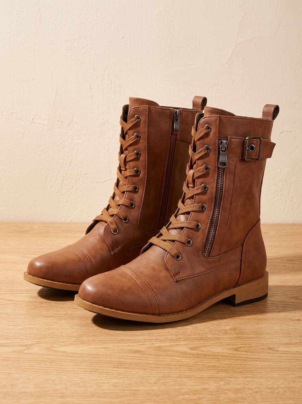 Mia - Women's Lace-Up Combat Boots Buckle Side-Zip Round-Toe