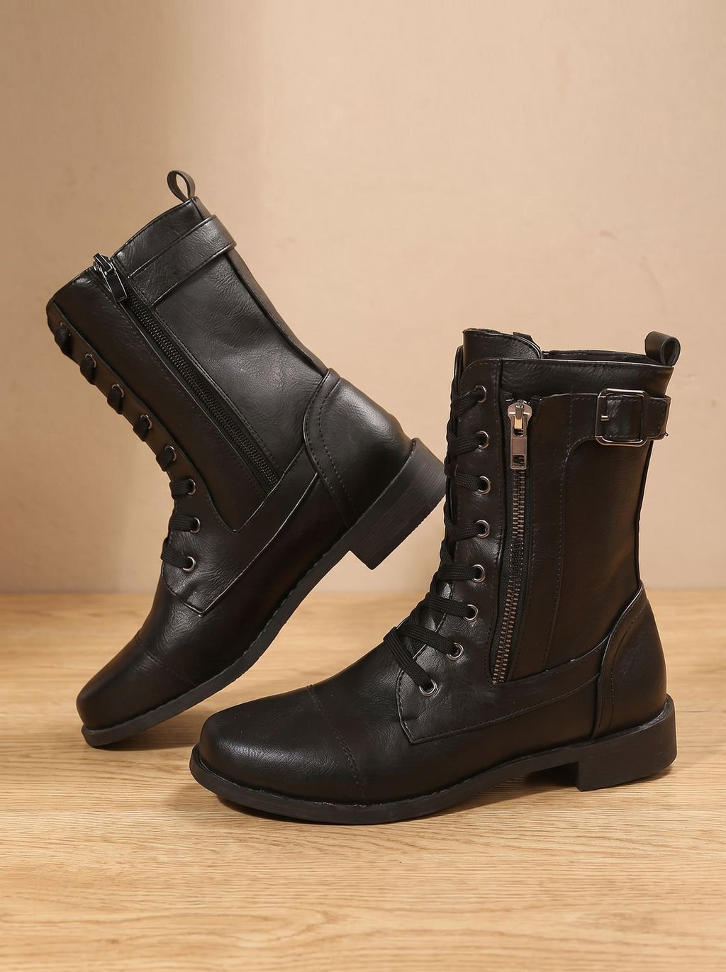 Mia - Women's Lace-Up Combat Boots Buckle Side-Zip Round-Toe