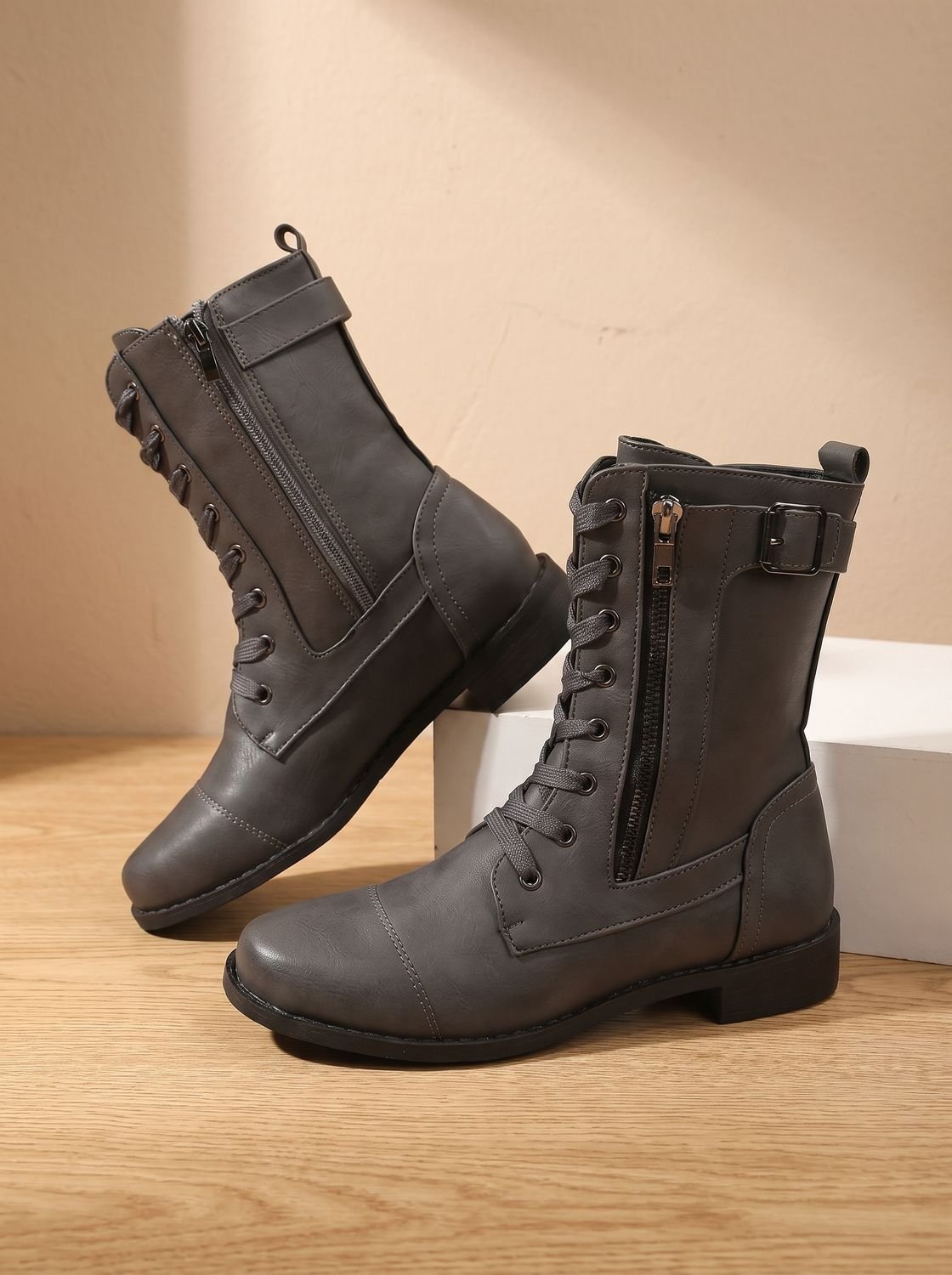 Mia - Women's Lace-Up Combat Boots Buckle Side-Zip Round-Toe