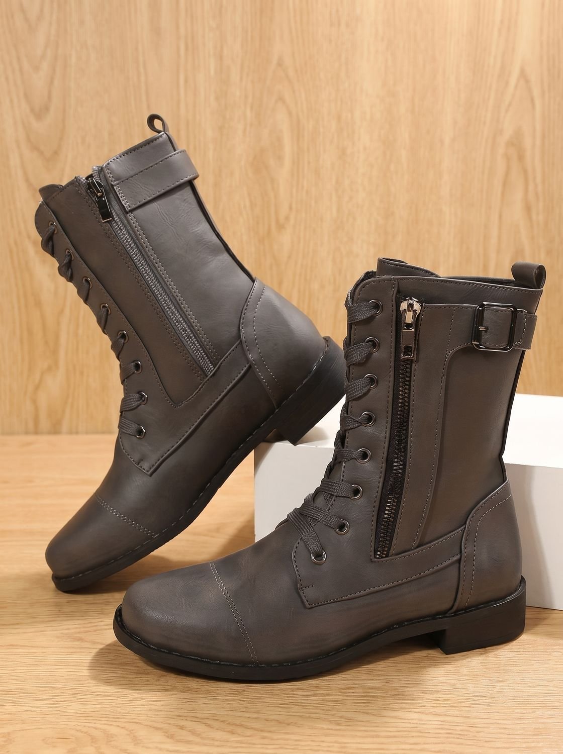 Mia - Women's Lace-Up Combat Boots Buckle Side-Zip Round-Toe