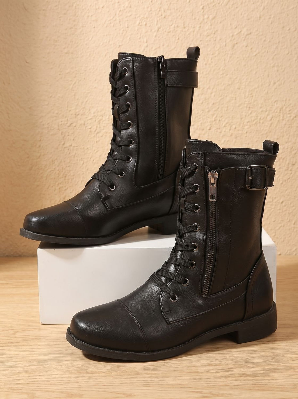 Mia - Women's Lace-Up Combat Boots Buckle Side-Zip Round-Toe